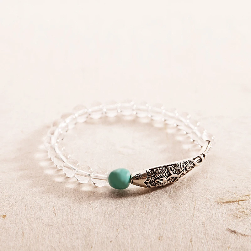 

Wholesale Artisan Design Pure Crystal Beaded Bracelet With Antique S925 Silver Fish Charms Amazon Stone Yoga Meditation Jewelry