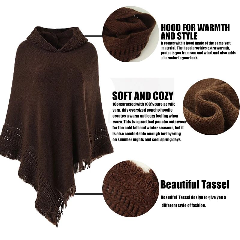 New fashionable Women Hooded Solid color Poncho  Cape Ladies Plus Size Knitted Sweaters oversize Pullover woman coat free 