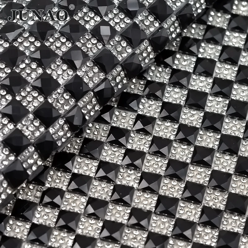 

JUNAO 24*40cm Black Square Glass Rhinestone Trim Diamond Mesh Crystal Fabric Sheet Applique Banding For Clothe Jewelry Making