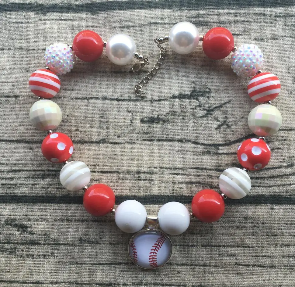 

softball baseball Red Glitter necklace chunky Necklace bubblegum necklace baby toddler girls birthday Toddler Girl Jewelry