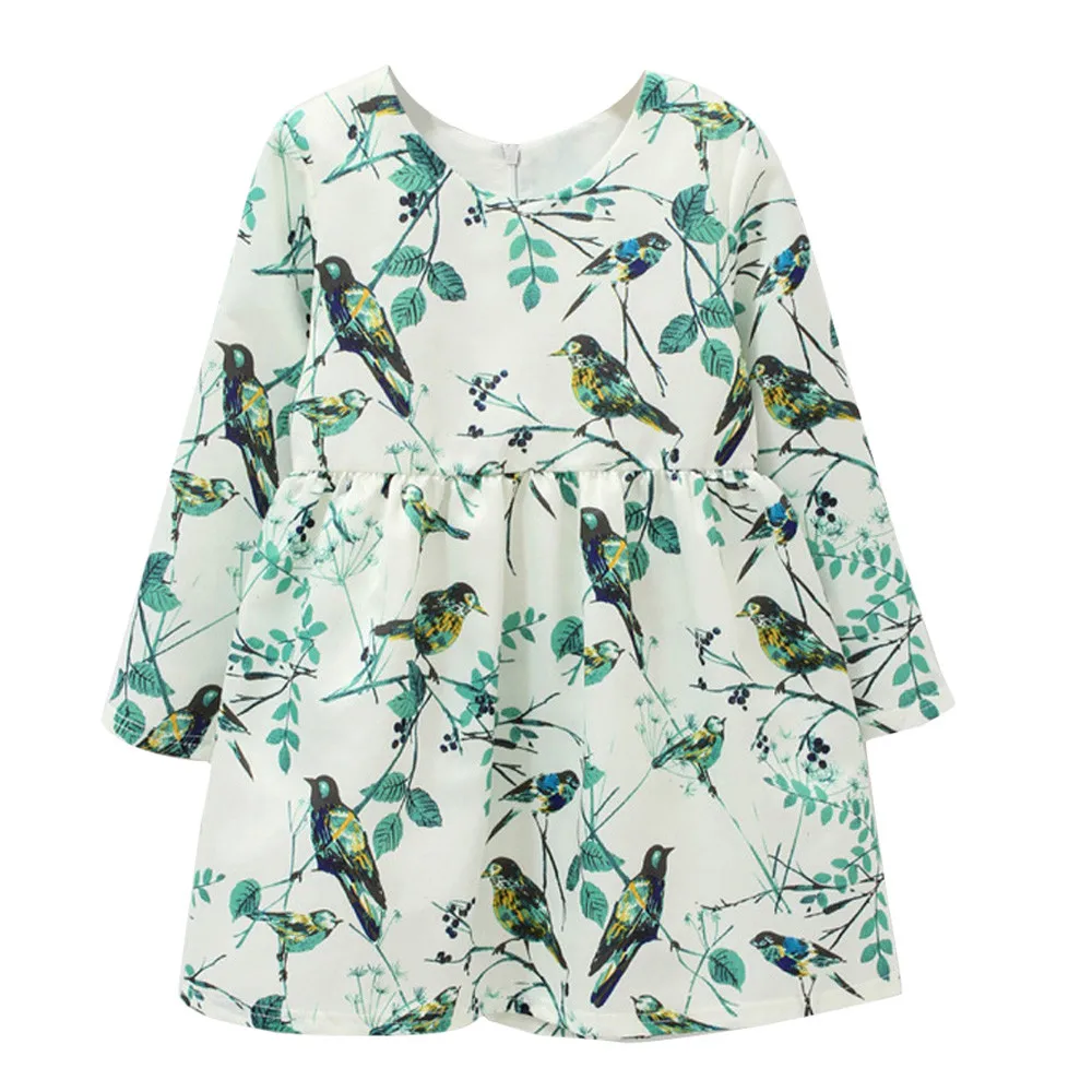 

Cotton printed Toddler Kids Baby Girls Flower Birds Clothes Long Sleeve Party Princess Dresses girls summer dress #06