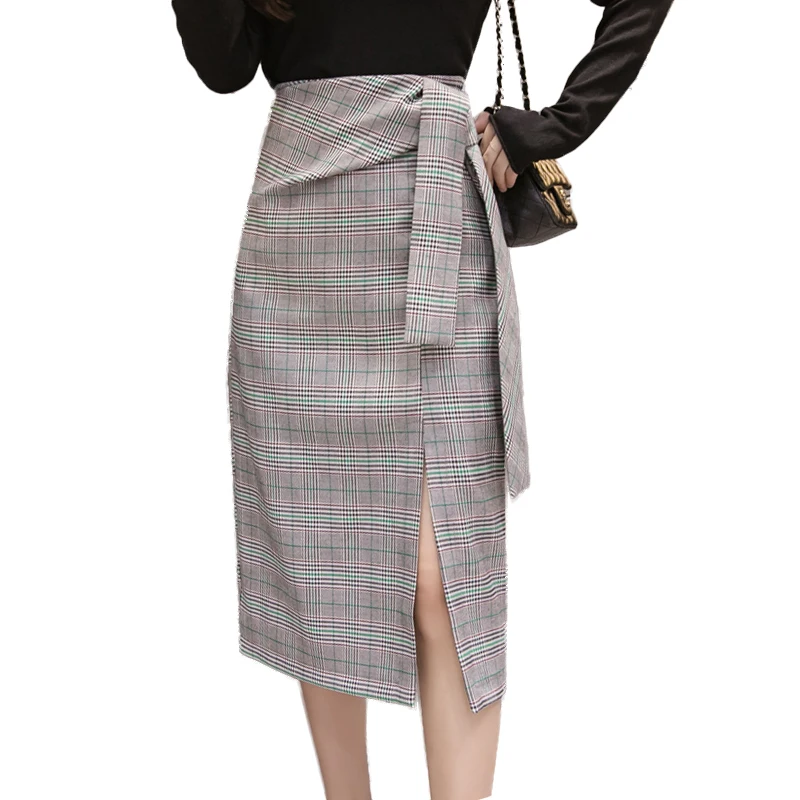 Elegant Midi Pencil Skirts Womens Spring Winter High Waist Lace up Split Plaid Skirt Plus Size