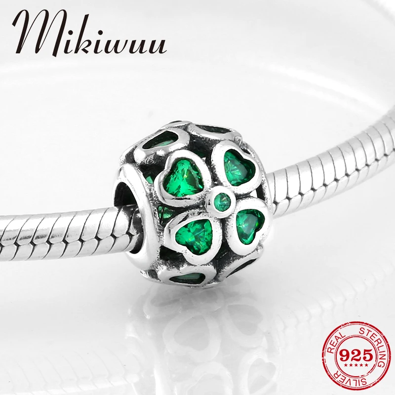 

Hollow out round 925 Sterling Silver four-leaf clover green CZ fine Bead Jewelry making Fit Original Pandora Charm Bracelet