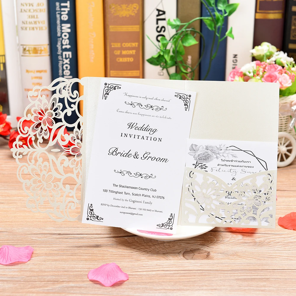 5 комплектов лазерная резка, для свадьбы приглашения с конвертами и открытка RSVP для свадебного душа, ужин приглашения на свадьбу