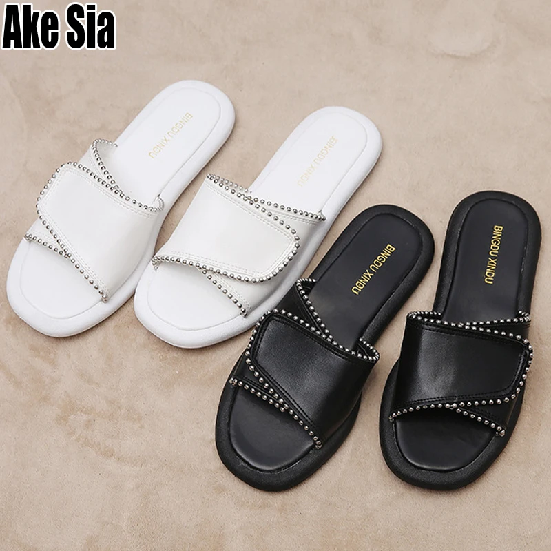 

Trendy Fashion Bead Casual Peep Open Toe Women Mujer Female Slip On Loafers HOOK & LOOP Flat Mules Lazy Lady Slippers Shoes A827