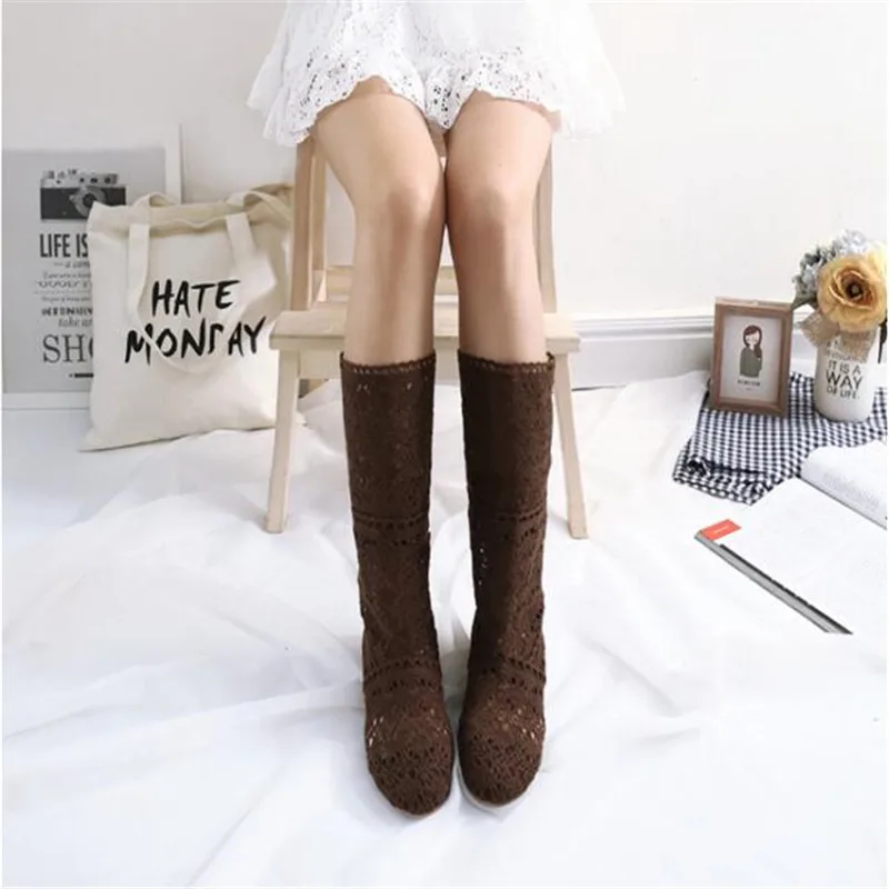 Femininas de Malha Botas de Malha de Fundo Botas de Renda Primavera e Outono Sapatos com Calçados Oca para Primavera e Outono Botas Plano Tubo Alto Baixo Femininas Respiráveis 2021 - 40 High Quality Calçados
