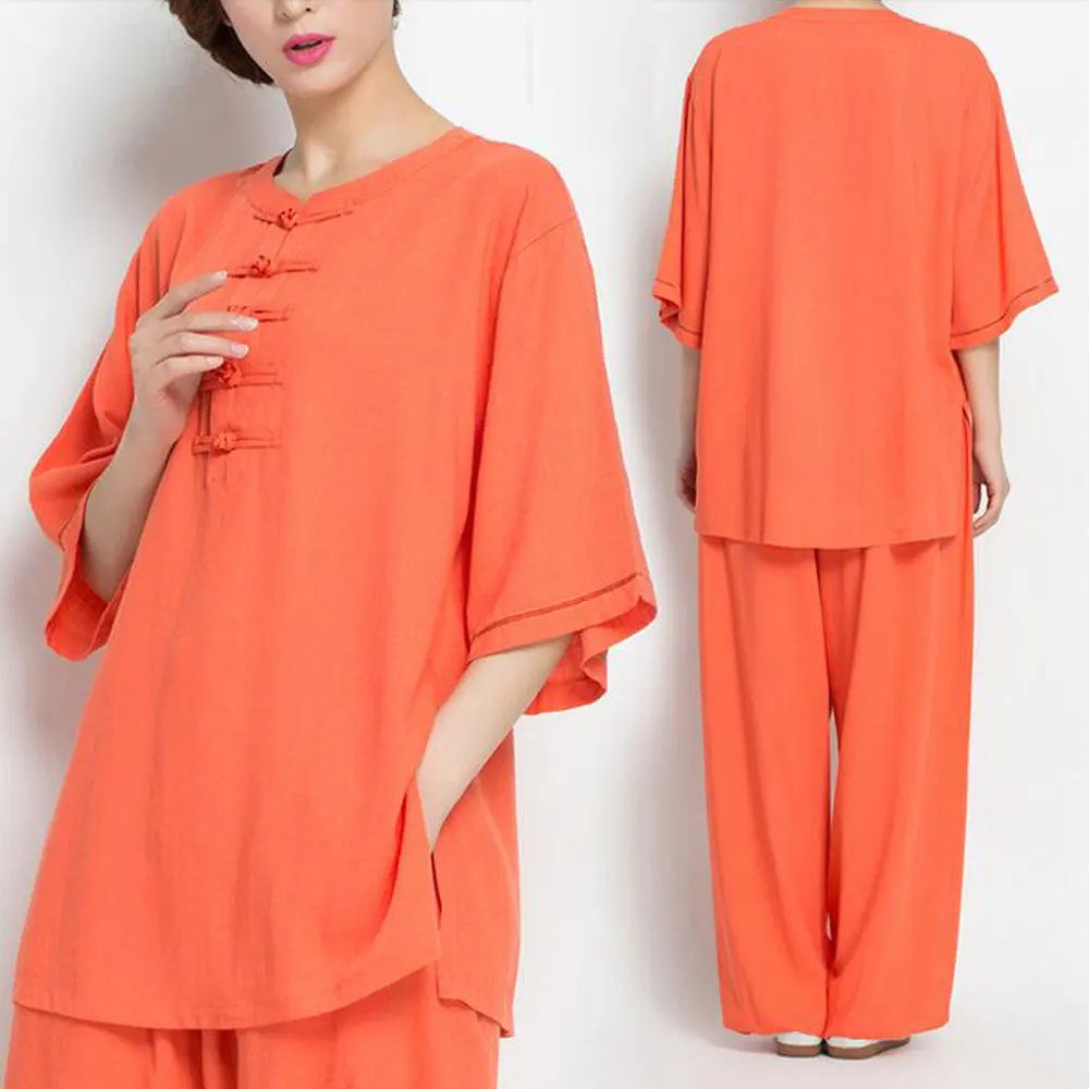 Женский костюм Тай Чи из хлопка и льна на весну лето с коротким рукавом|linen womens