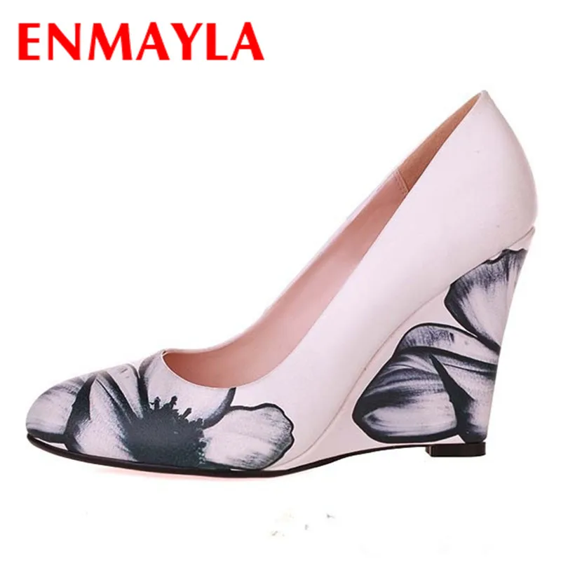 White Printing Round Toe women pumps shoes new wedges High wedding