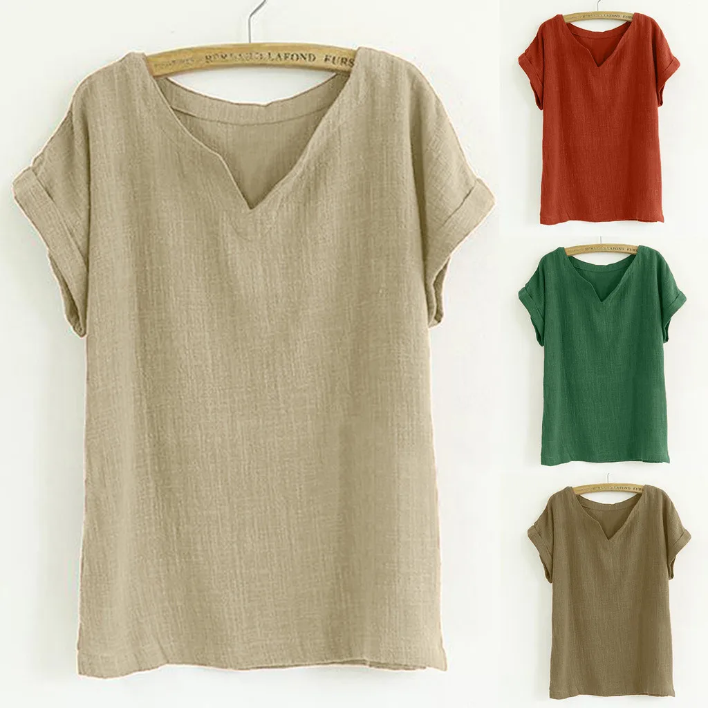 

2019 Fashion Women Plus Size top summer Cotton and Linen Solid Color tshirt V-Neck Short Sleeve Causal t shirt Women Clothes