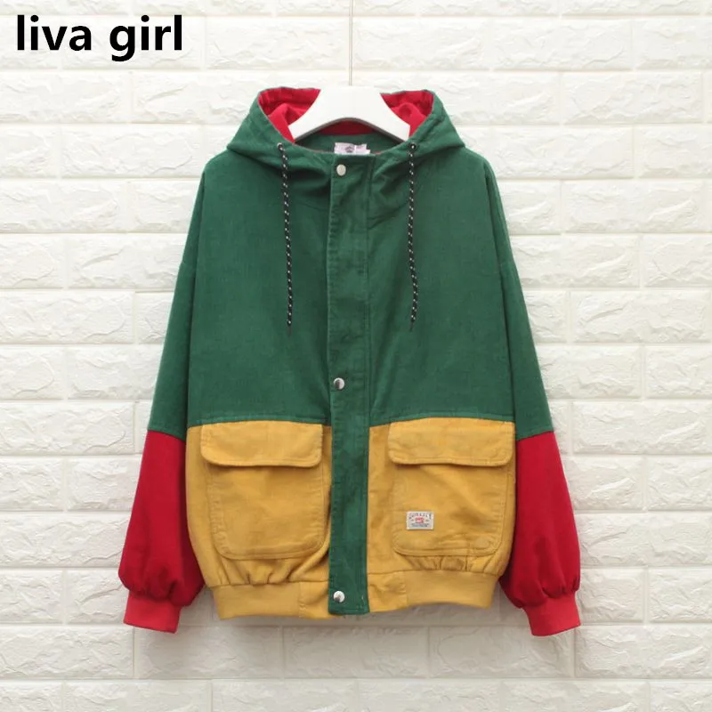 

2018 Fashion BF Bomber Jacket Oversized Patchwork Pockets Autumn Hooded Coat Contrast Color Zipper Casacos Preppy Chaqueta S-XL.