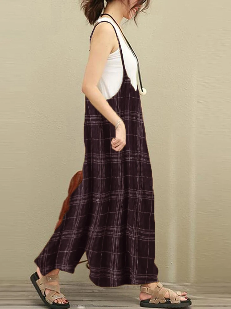 Women Plaid Retro Vacation Jumpsuits Dungarees Wide Leg Trousers Loose Long Pants Overalls Cotton Braces Casual Sleeveless Jumpsuits and Playsuits