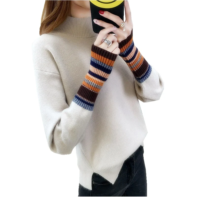 

Women Turtleneck Sweater Autumn Winter Batwing Sleeve Patchwork Knitted Pullover Side Split Female Sweaters And Pullovers Sueter