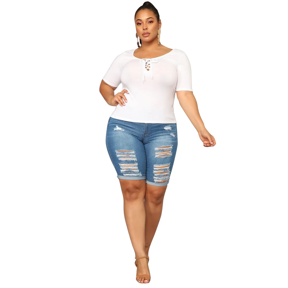 

2019 Jeans Women Summer Plus Size 5XL Denim Knee Length Jeans Femme Fashion Hole Casual Skinny Demi Jeans Ladies Party mujer D30