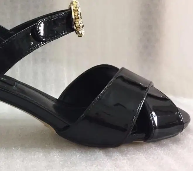 black 10cm heel VIISENANTIN золотой натуральная кожа Дамская Летняя обувь сандалии из лакированной кожи, с ремешками на щиколотке с пряжкой, ремешком и стразами, квадратный каблук обуви - Цвет: black 10cm heel