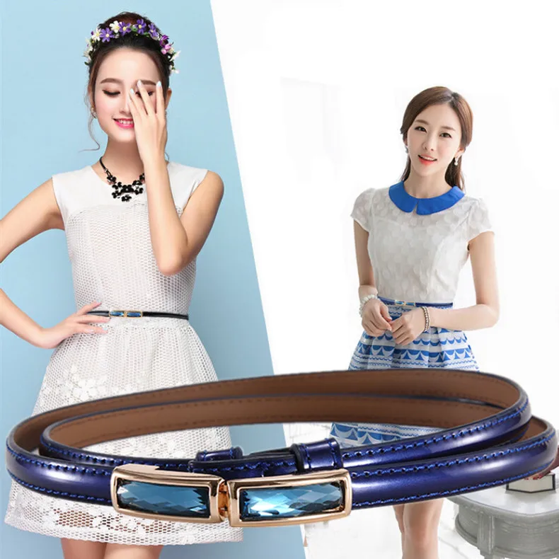 

Luxury Bright Genuine Leather thin Belt Dress Adjustable Decorative Belts For Women Glass Rhinestone Buckle Nonporous Design G97