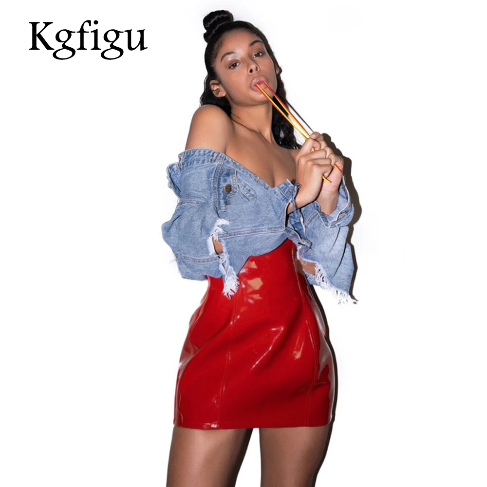 

KGFIGU Women underbust corset skirt 2018 Vintage High Waist Nightclub PU leather midi Skirts Sexy Red Bottom Hot Sale Outfits