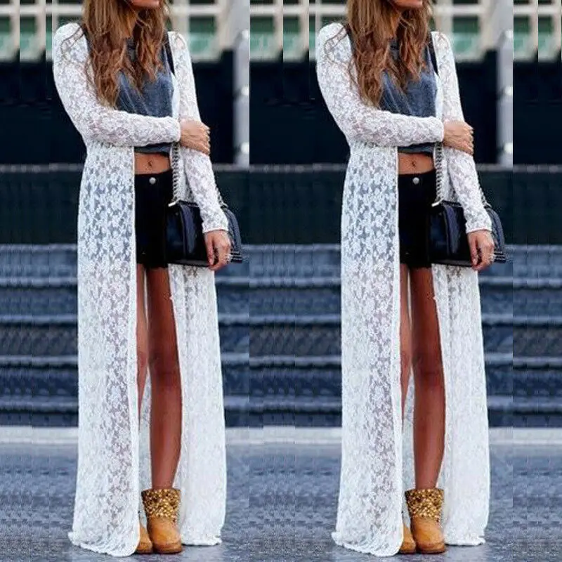 

Hot Style Women Elegant Sheer Lace Cover-up Blouse Lady Fashion Summer Long Sleeve White Maxi Cardigan Shirt