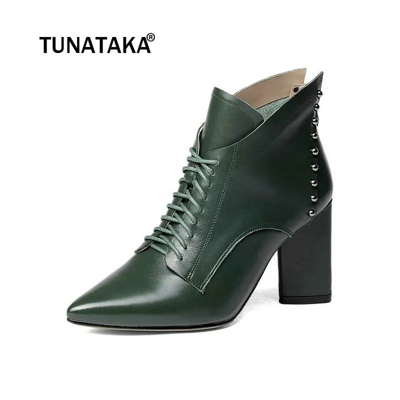 

Genuine Leather Square High Heel Lace Up Woman Ankle Boots Fashion Pointed Toe Dress Ladies Boots Black Green