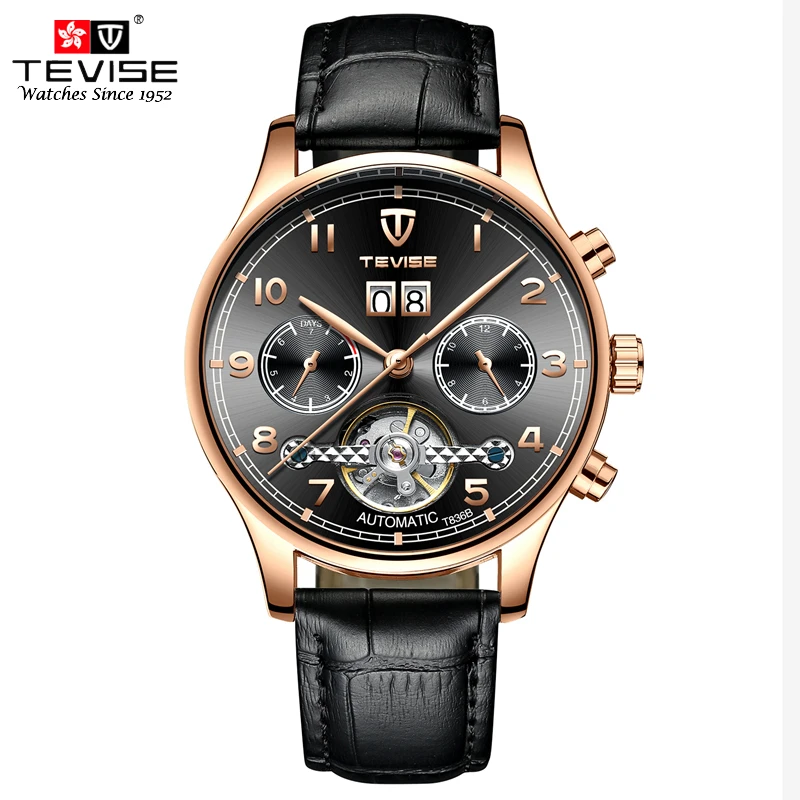 TEVISE تقويم الرجال الساعات التلقائي الميكانيكية ووتش رجل توربيون الرياضة ساعة ساعات جلد الأعمال ريترو ساعة اليد