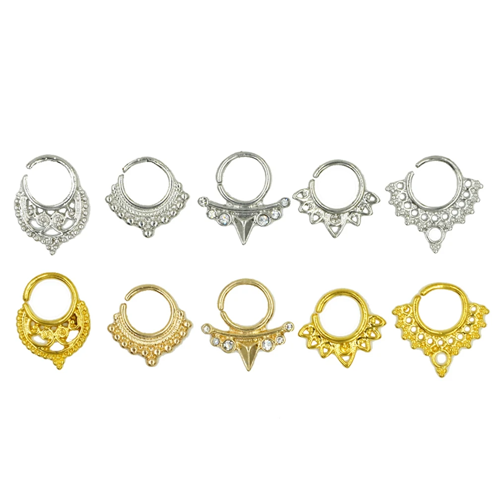 

5pcs Assorted Tiatnium Anodized Tribal Septum Clicker Nose Piercing Indian Nose Ring Hoop CZ Gem Body Jewelry
