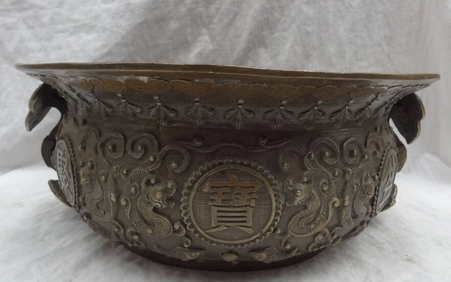 

S5563 14" Chinese Bronze Buddhism Dragon Head Statue Copper RuYi Treasure Bowl Censer D0318