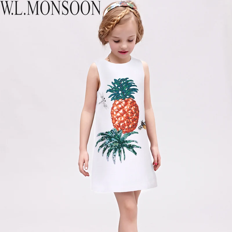 

W.L.MONSOON Robe Fille Enfant Girls Dress with Embroidered Pineapple Princess Dress Sequined Kids Dresses for Girls Costumes