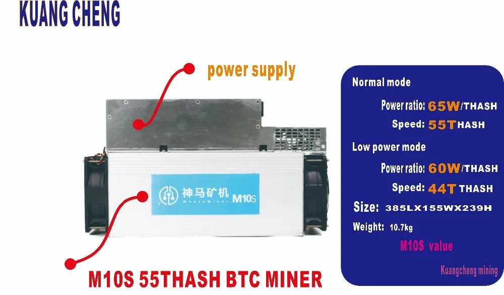 Kuangcheng Майнер BTC Asic Bitcoin Mining WhatsMiner M10s 55-й/С БП 65 w/T Sha256 может майнить BTC BCH BCC