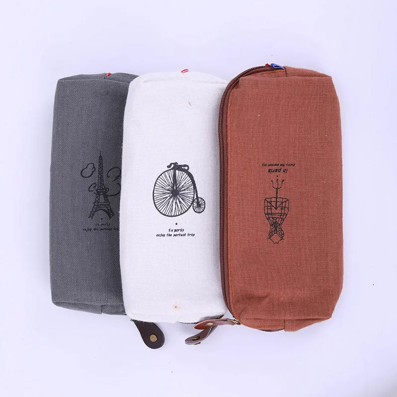

1 PC Retro Solid color with pattern Linen Pencil Bag Students Paris Style Pencil Cases Stationery Material Office Supplies