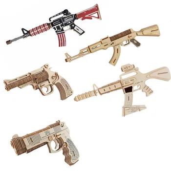 Military Assembly Model DIY 3D Wooden Jigsaw Puzzle Rubber Band Gun Can Shoot Outdoor Sport Toy for Children Creative Gift