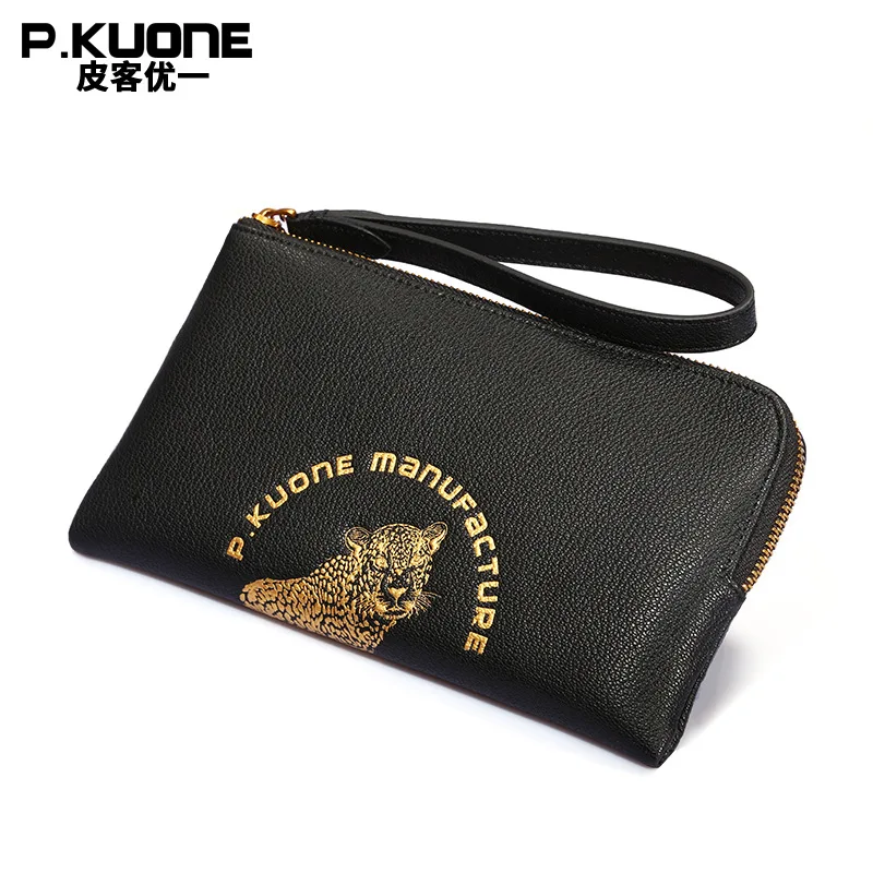 

P.KUONE Fashion Portable Handle Bag Clutch Brand Original Design Chinese Style Black Color With Gold Leopard Men Long Wallet