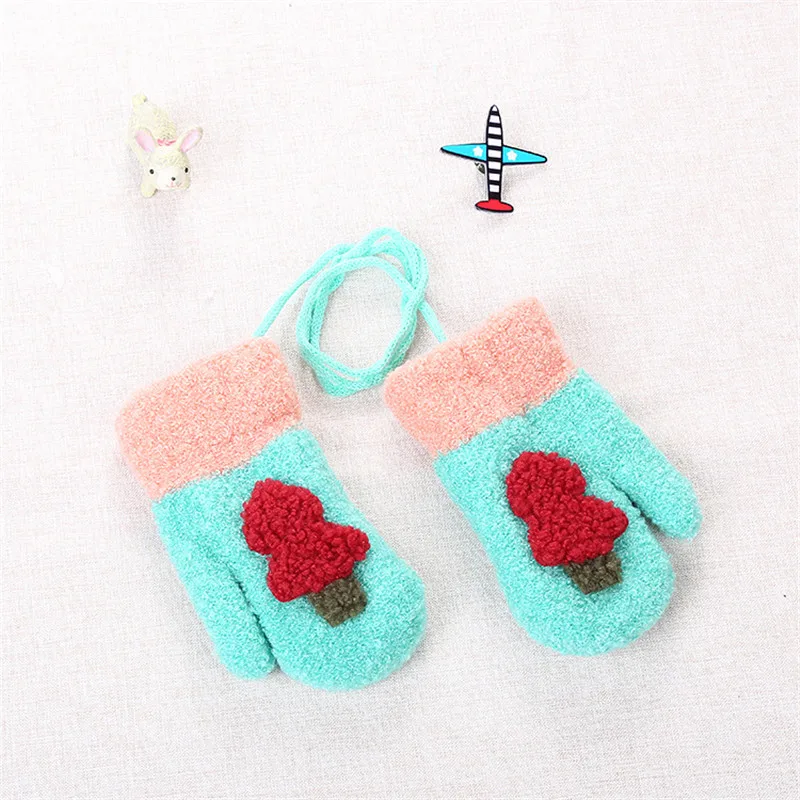 1-3Yea Winter Baby Boy Girl Gloves Thicken Warm Cotton  Full Finger Cute Cartoon Knitting Gloves Infant kids With Sling (3)