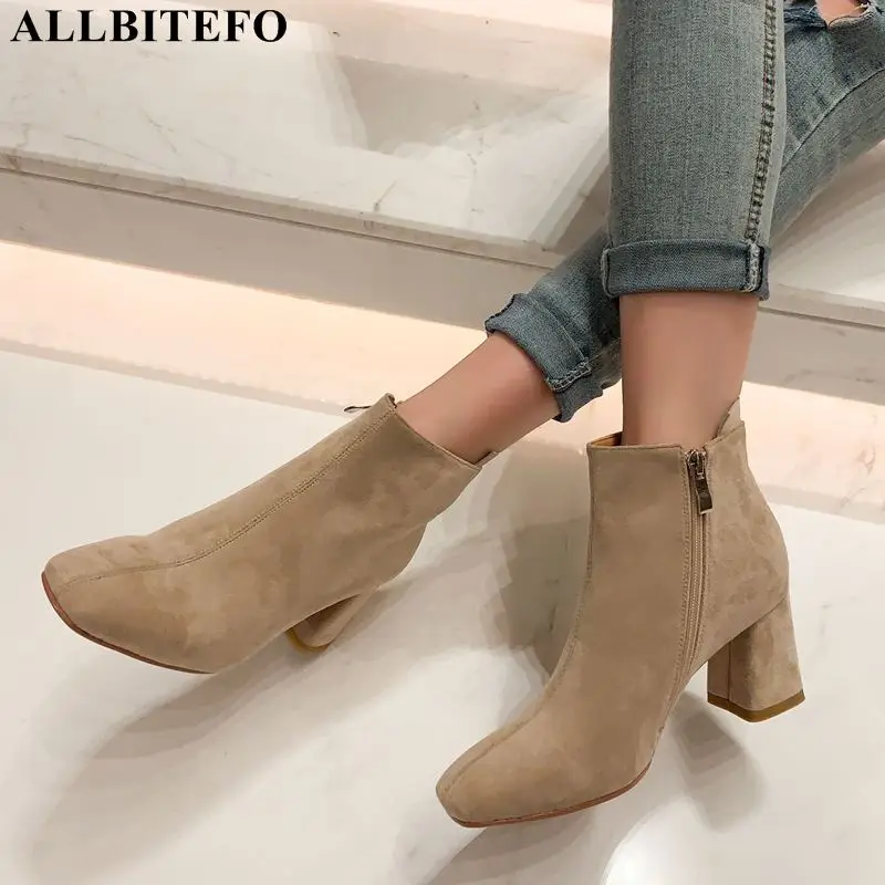 

ALLBITEFO fashion brand genuine leather thick heel women boots high quality ankle boots for women martin boots girls shoes