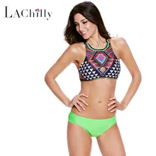 2016 Women trendy Beachwear Vintage Two-piece High Neck Swimsuit Fancy push up Geometry Tankinis Plus Size Swimwear LC41662