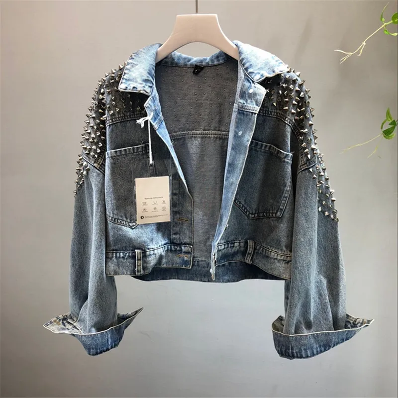 Women's Denim Jacket With Rivet 2024 Spring Autumn Streetwear Long Sleeve Pockets Ladies Jean Jackets Loose Short Outwear Femme