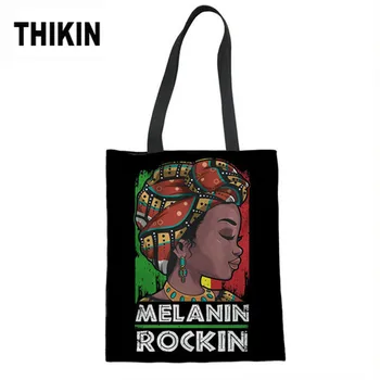 

THIKIN Black Art African Girls Print Ladies Summer Beach Bags Females Eco Storage Shopping Bag Custom Linen Tote Bags for Women