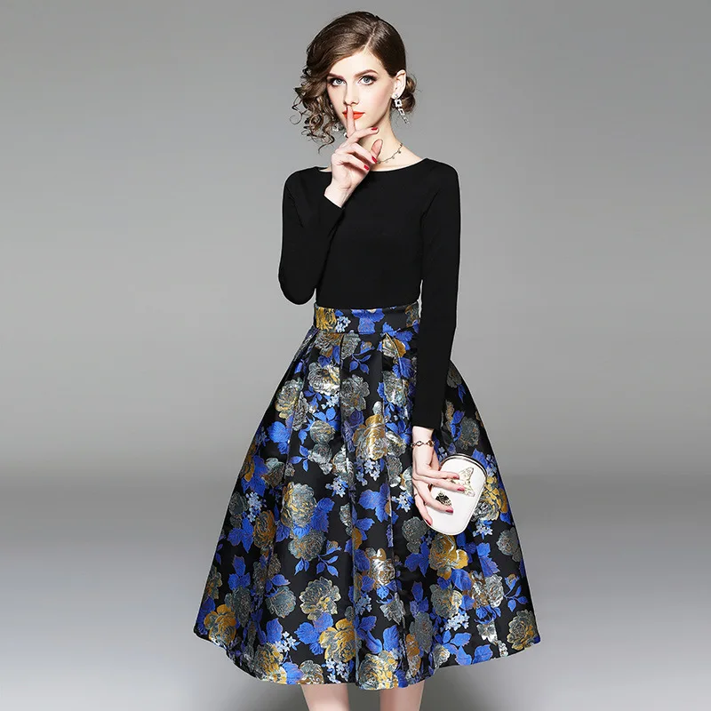 

Black Floral Jacquard Patchwork Tunic Pleated Midi Dress Women Elegant Sweet Office Party Fashion Dress Long Sleeve Clothing