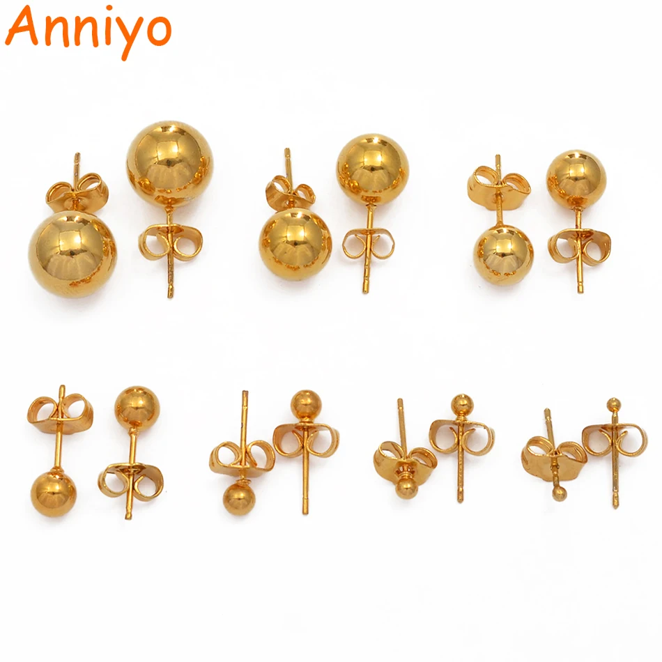Anniyo (1 пара) 2 мм/3 мм/4 мм/6 мм/8 мм/10 мм/12 мм бусины серьги-гвоздики золотого цвета для