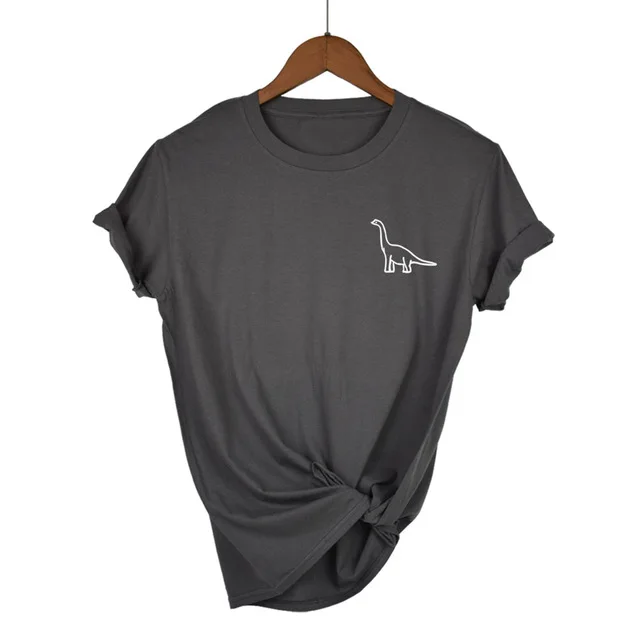 Хлопок динозавр карман печать женская футболка Повседневная Хлопок хипстер забавная футболка для Леди Топ футболки tumblr Прямая поставка - Color: Dark Grey-W