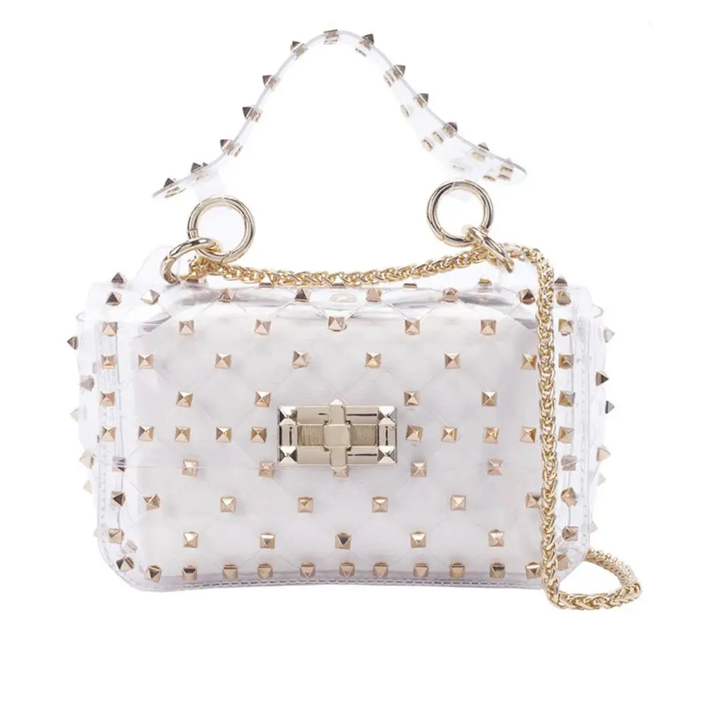 

2Pcs/Set Lady Transparent Studded Twist Lock Chain Crossbody Shoulder Square Bag