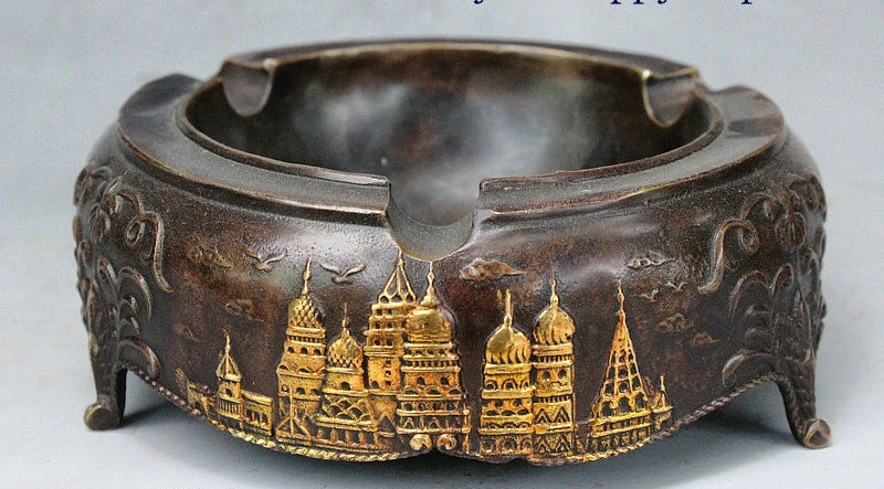 

7" Old Bronze Gilt Colin Milin Palace Red Square Buildings Ashtray Brush Washer