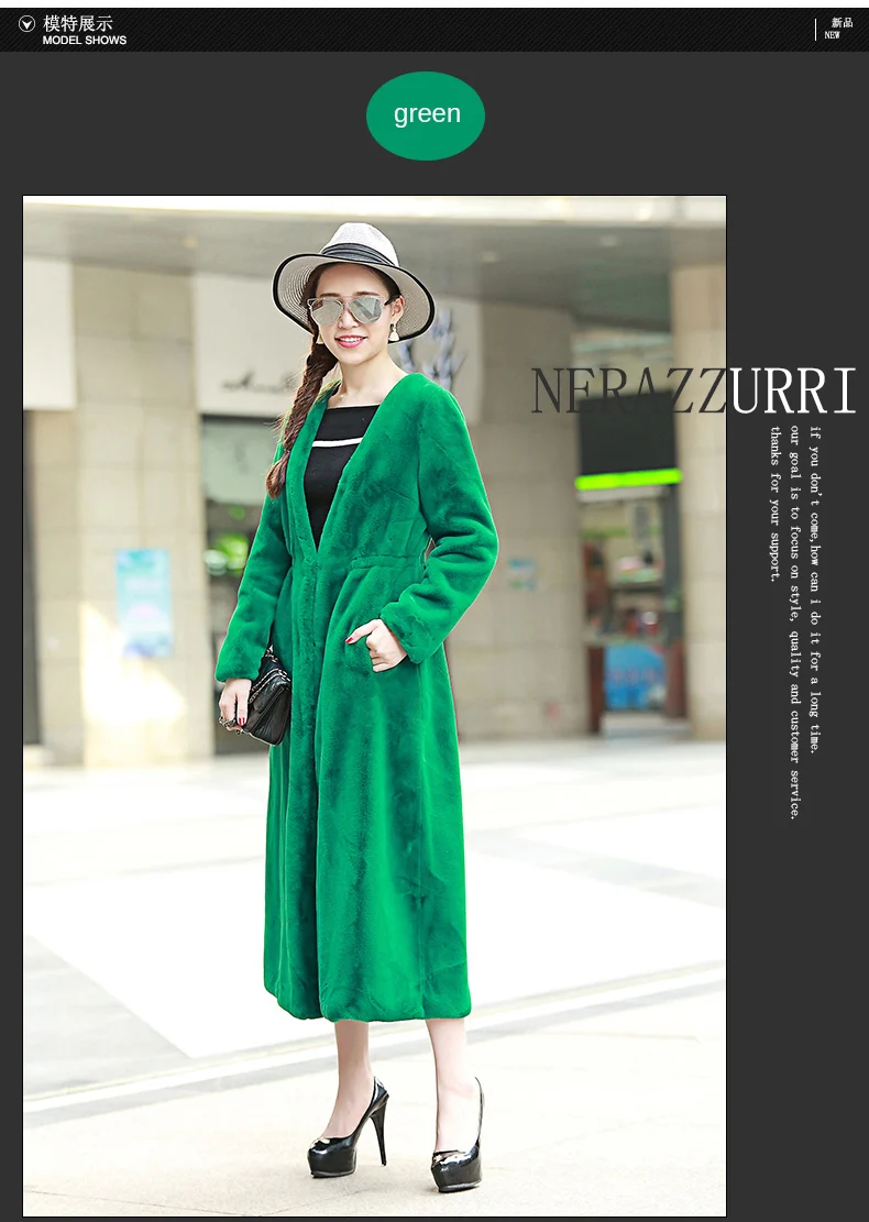 Женское пальто из искусственного меха Nerazzurri, высокое качество, глубокий v-образный вырез, верхняя одежда, удлиненная, плиссированная, тонкая, элегантная, зеленая, искусственный мех кролика, пальто