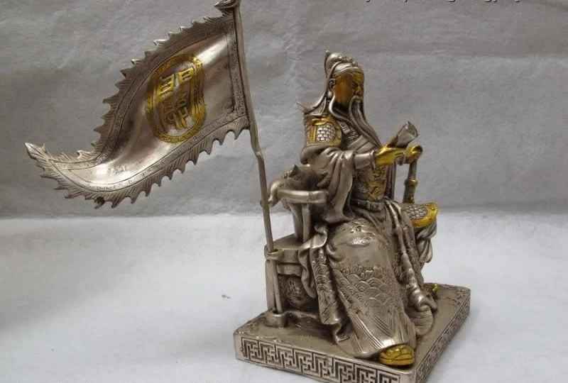 

China White Copper Silver Gilt famous flag Guan Gong warrior reading Book Statue