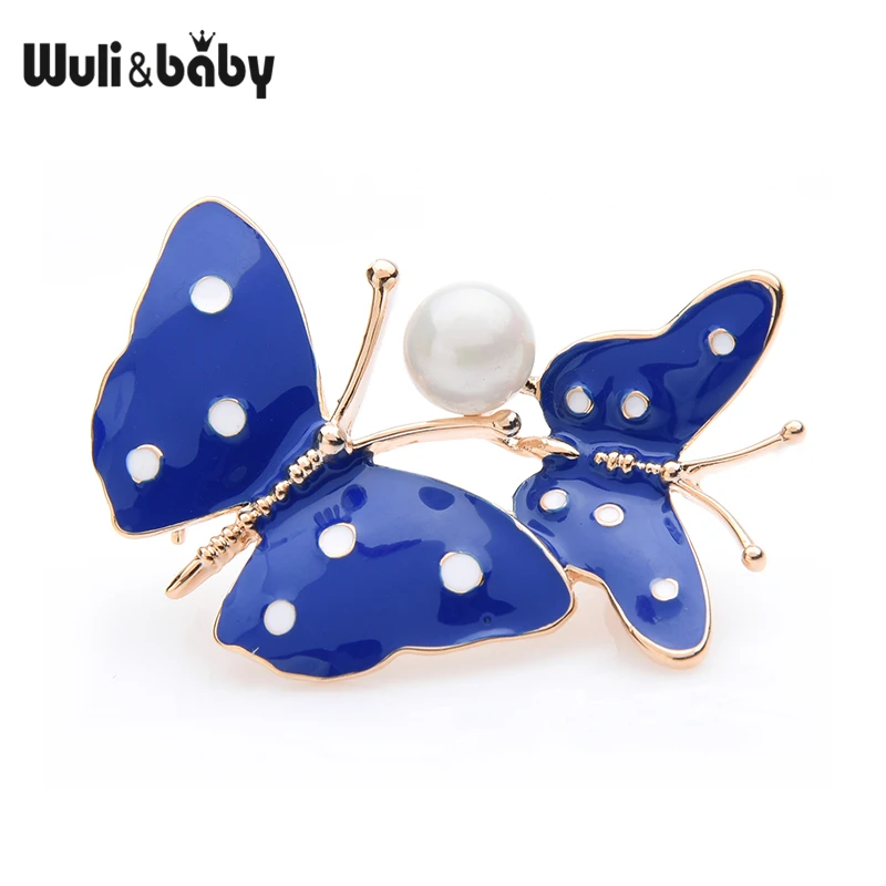Wuli& baby, синие и красные эмалированные броши в виде бабочек для женщин, сплав, жемчуг, пара, Бабочка, насекомое, брошь на булавке, подарки для мамы