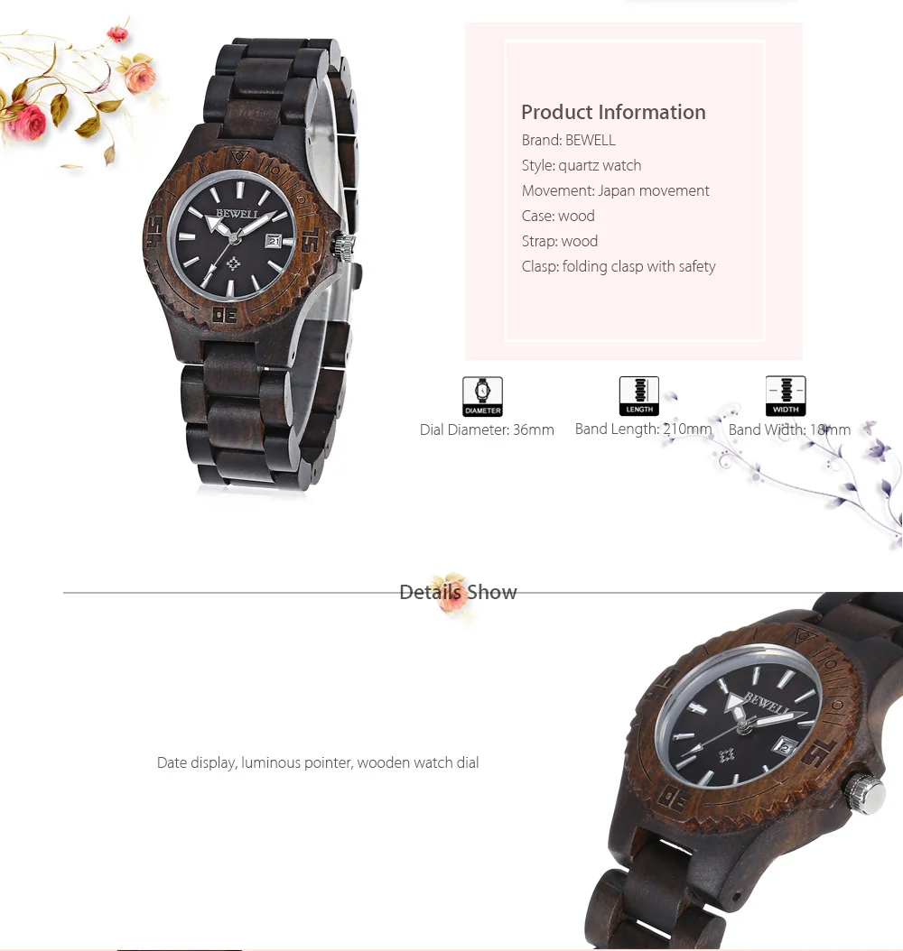 BEWELL ZS - W020A Women Wooden Quartz Watch Nail Scale Calendar Wristwatch