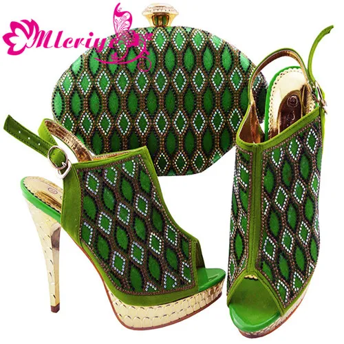 Свадебный итальянский комплект из туфель и сумочки в африканском стиле, украшенный стразами, итальянский комплект из туфель и сумочки босоножки на высоком каблуке с открытым носком - Цвет: Зеленый