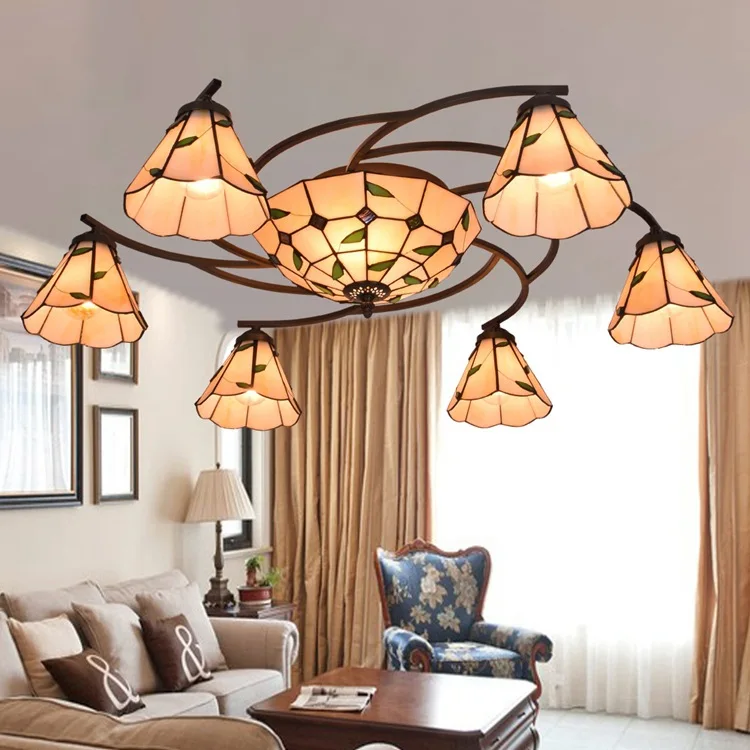 Tiffany Flesh Country Flowers Stained Glass Suspended Luminaire E27 110-240V Chain Pendant lights for Home Parlor Dining Room | Лампы и