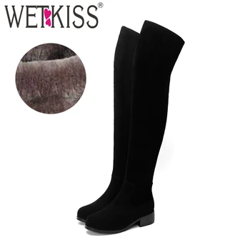 

WETKISS Over The Knee Low Heels Women Boots Round Toe Zip Footwear Flock Female Boot Warm Shoes Woman 2018 Winter New Black