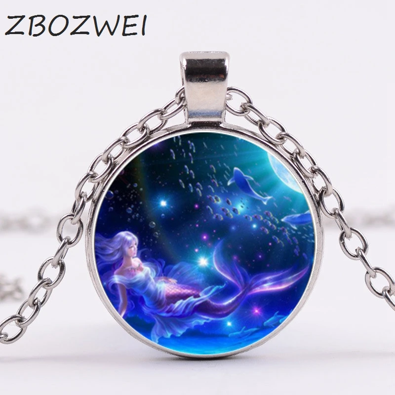 3/Color Mermaid Pendant Necklace Mythological Picture Jewellery Women Link Chain Glass  Necklaces