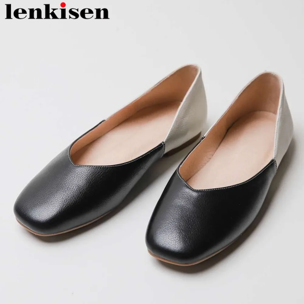 

Lenkisen handmade concise style full grain leather slip on loafers mixed colors driving shoes square toe vocation sand shoes L25