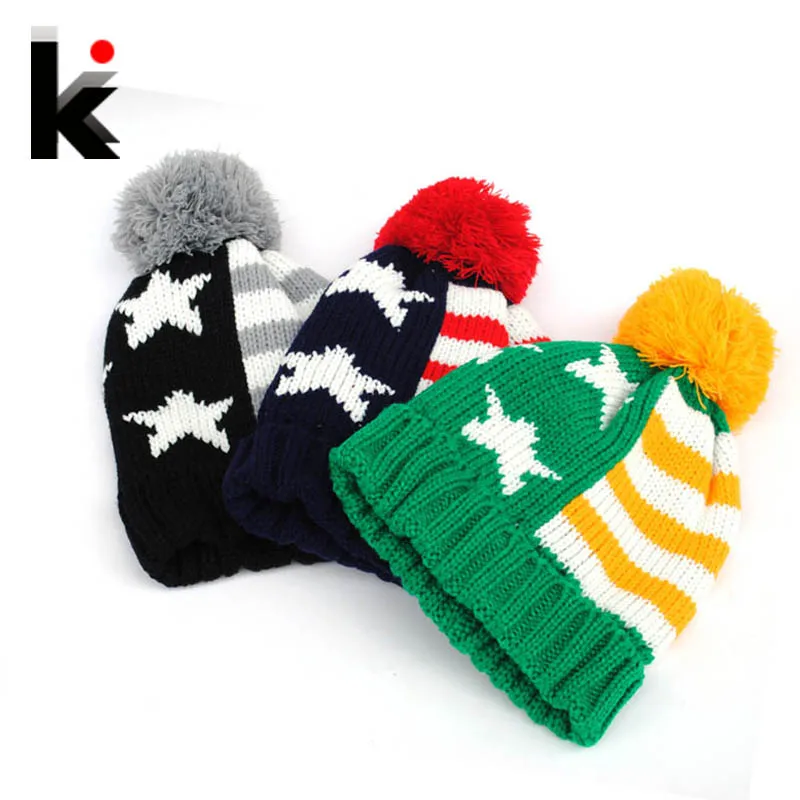 

2018 autumn and winter hat fashion American flag pattern ball knitted beanie hats for women and caps gorro for men